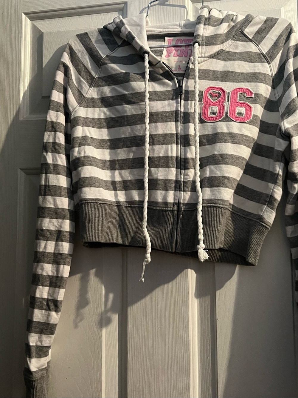PINK Victoria's Secret Gray & White Striped Zip Hoodie with Pink '86' Patch